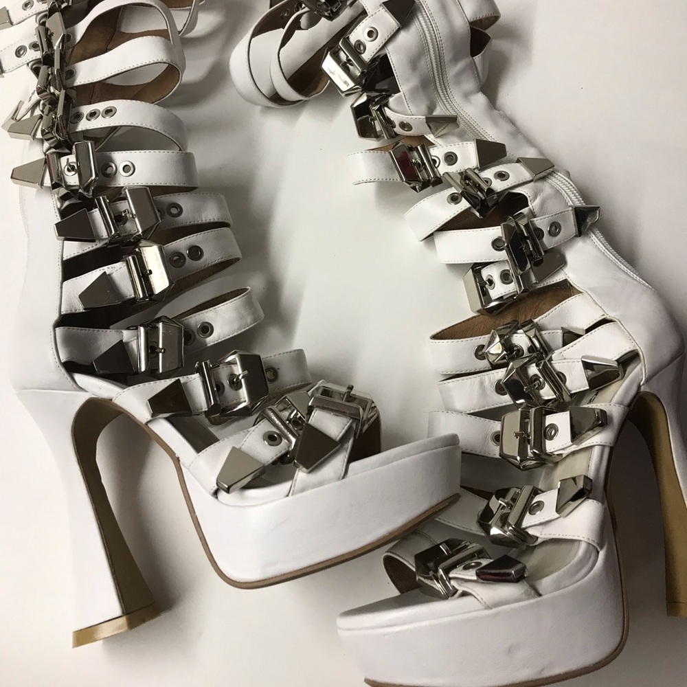 Jefferey Campbell white leather knee buckle heels